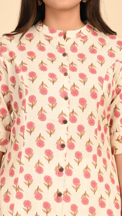 Kashika Cream Floral Button-Down Kurti