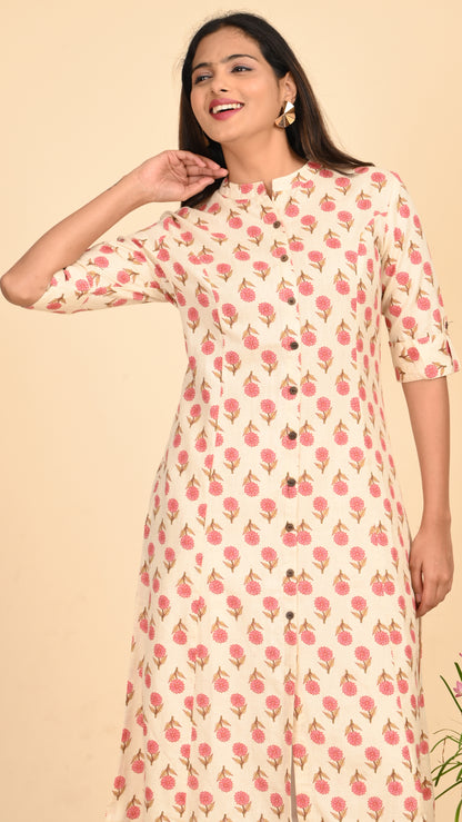 Kashika Cream Floral Button-Down Kurti