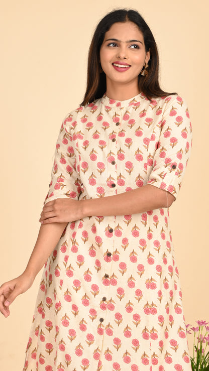 Kashika Cream Floral Button-Down Kurti