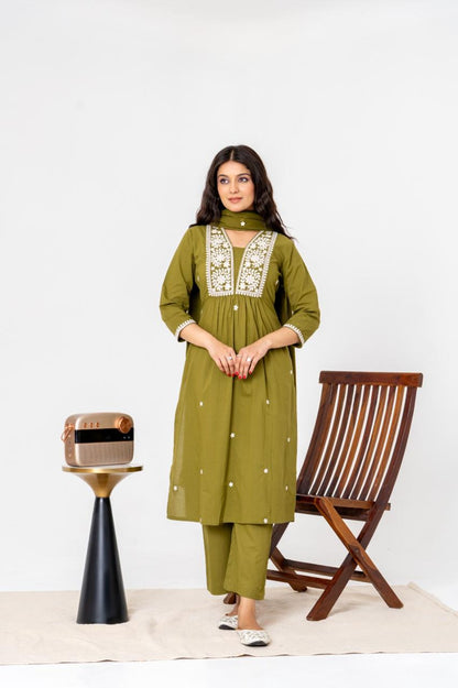 Olive Envy Jaipuri Kurti Pant Dupatta Set Suit