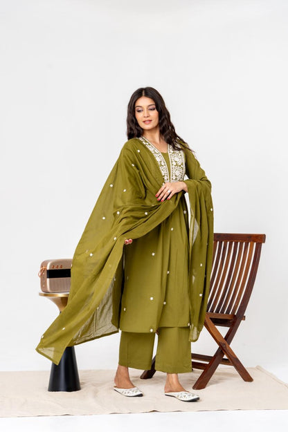 Olive Envy Jaipuri Kurti Pant Dupatta Set Suit