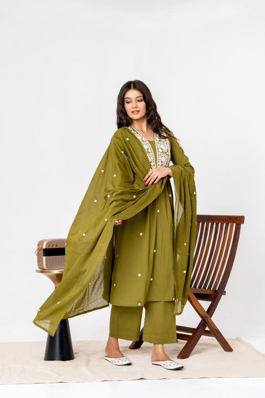 Olive Envy Jaipuri Kurti Pant Dupatta Set Suit