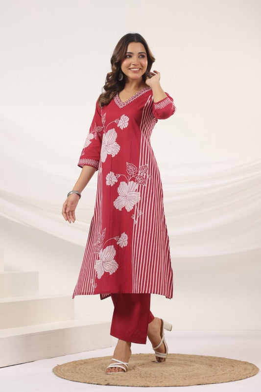Gulrukh Wine Blossom Kurti Pant Set