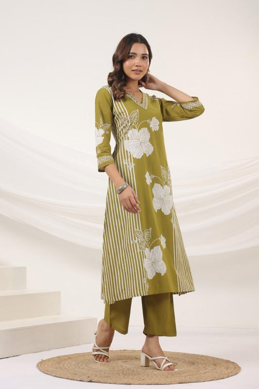 Harita Olive Bloom Kurti Pant Set