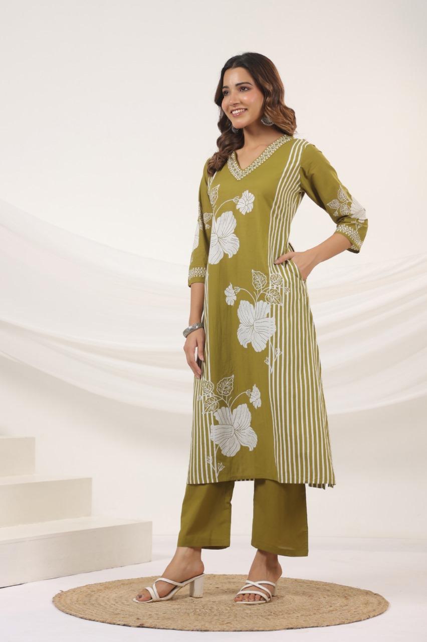 Harita Olive Bloom Kurti Pant Set