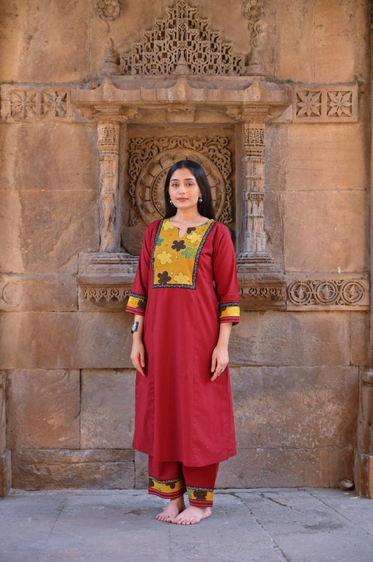 Meher Maroon Cotton Kurti Pant Set