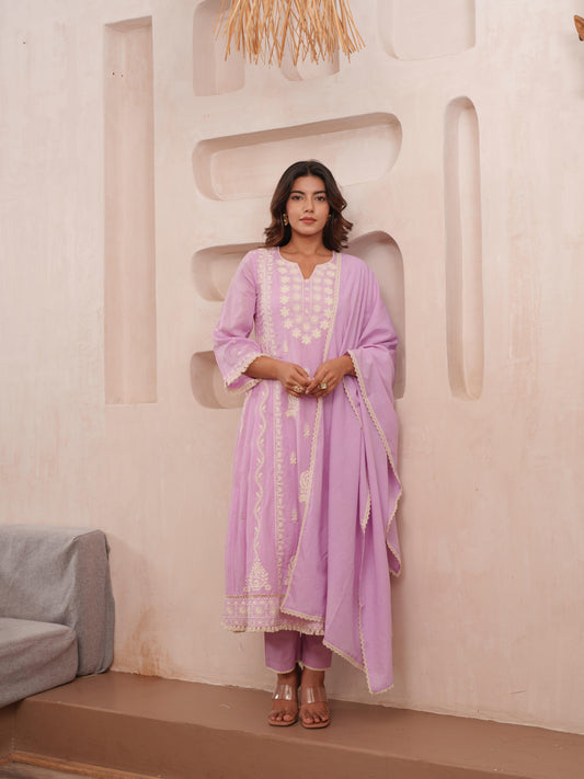 Noor-E-Lavender Kurti Pant Dupatta Set Suit
