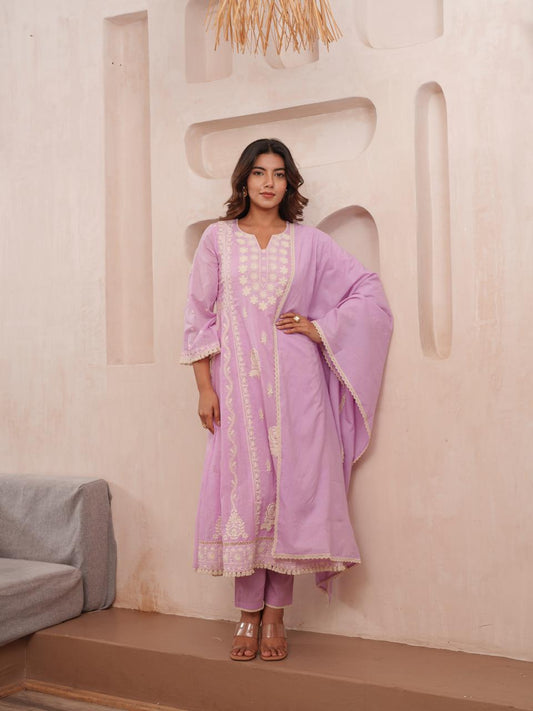 Noor-E-Lavender Kurti Pant Dupatta Set Suit