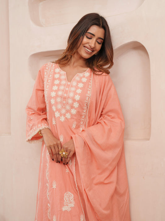 Gulnaar Peach Kurti Pant Dupatta Set Suit