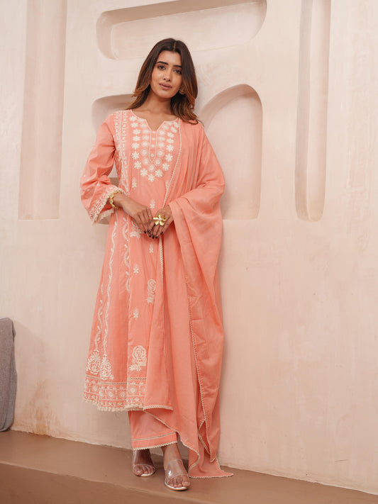 Gulnaar Peach Kurti Pant Dupatta Set Suit