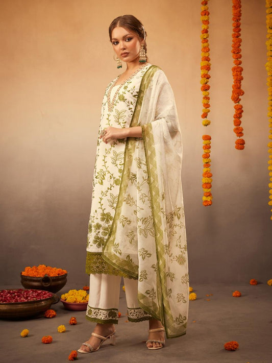 Meherbano Mint Embroidered Kurti Pant Dupatta Set Suit