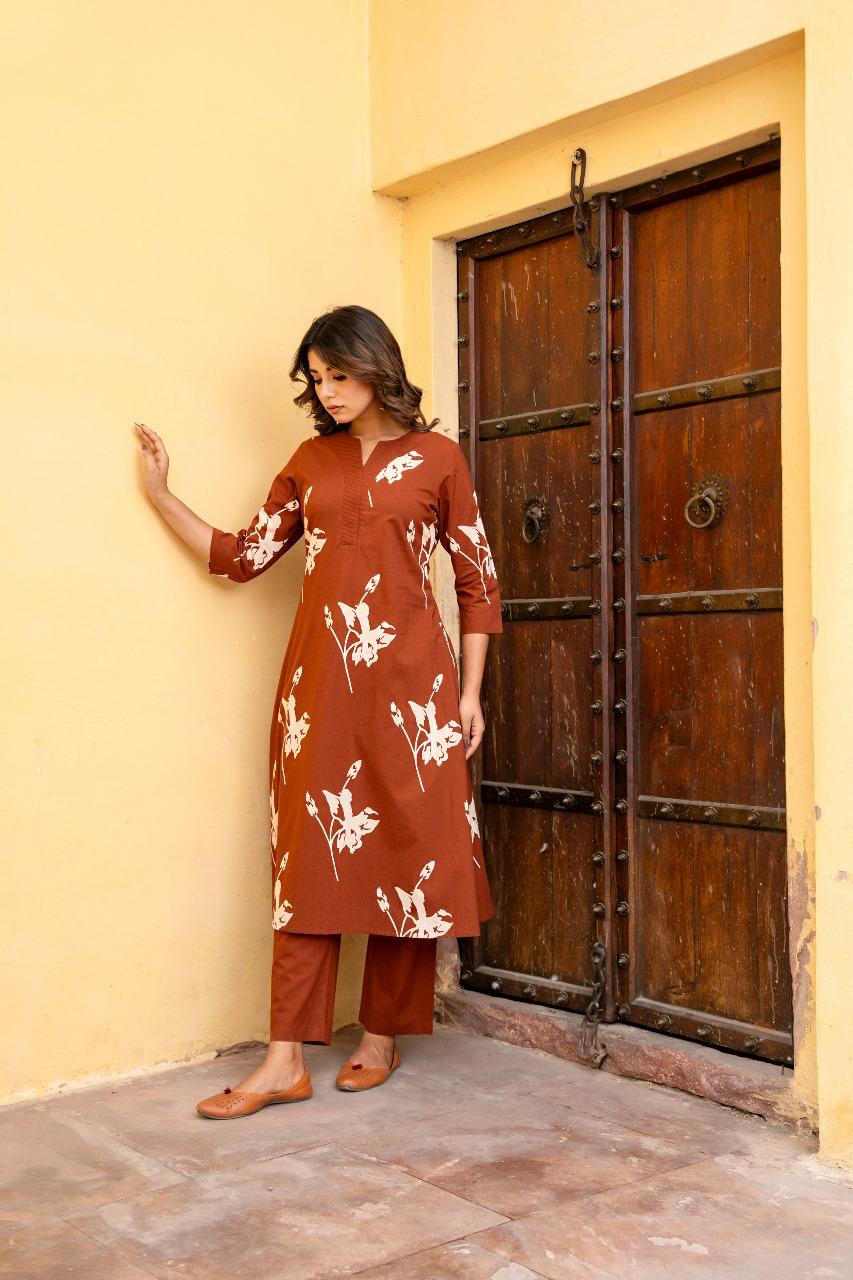 Tehzeeb Rust Kurti Pant Set