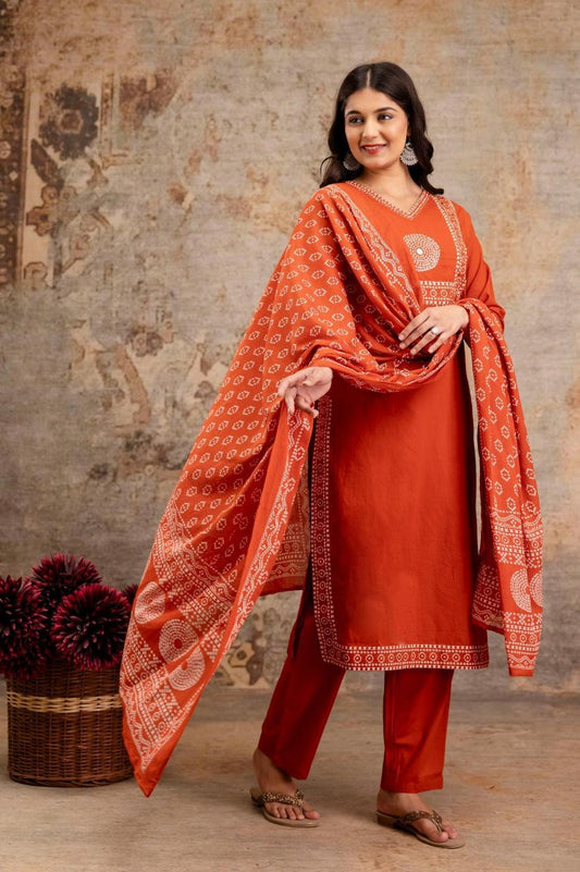 Gulnaar Rust Kurti Pant Dupatta Set Suit