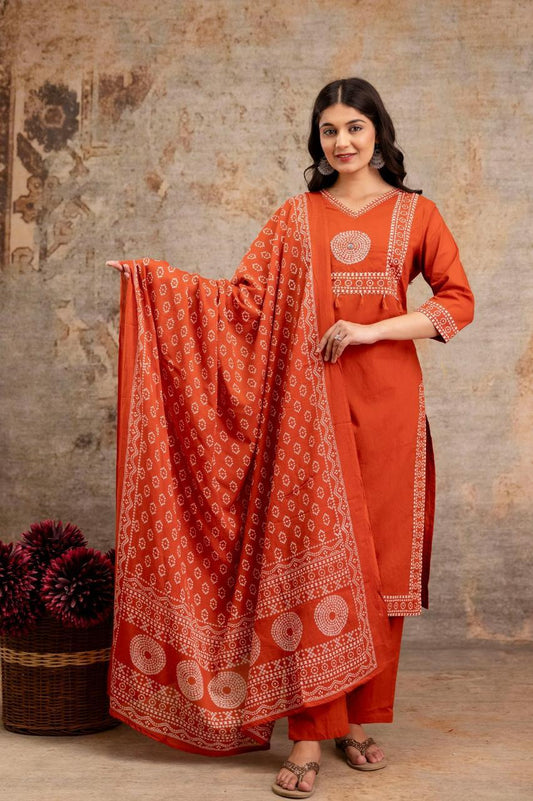 Gulnaar Rust Kurti Pant Dupatta Set Suit