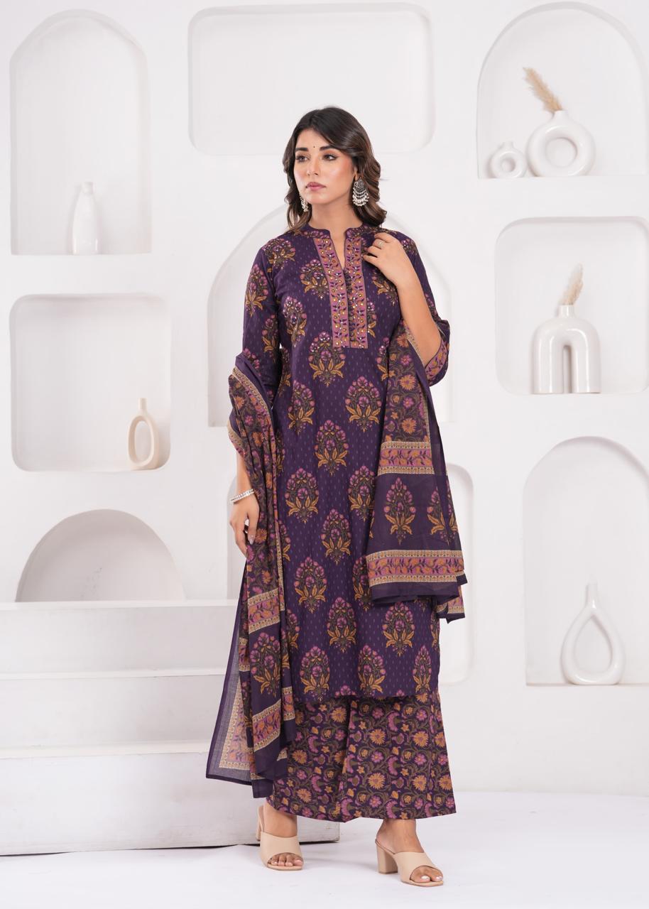 Aarvi Aubergine Kurti Pant Dupatta Set Suit
