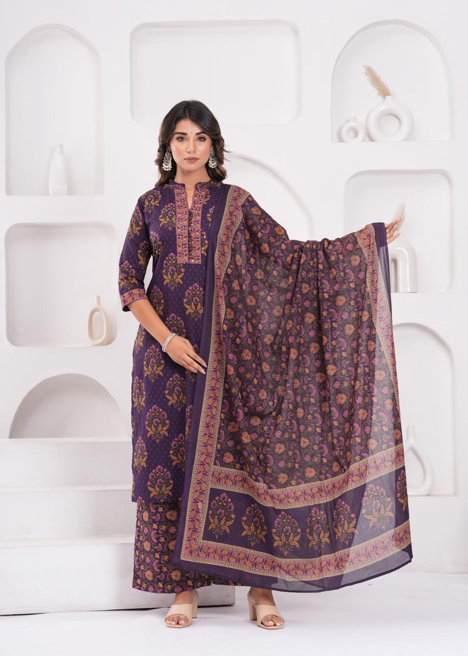 Aarvi Aubergine Kurti Pant Dupatta Set Suit