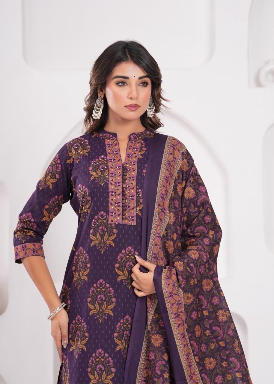 Aarvi Aubergine Kurti Pant Dupatta Set Suit