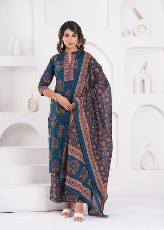Aarvi Teal Kurti Pant Dupatta Set Suit