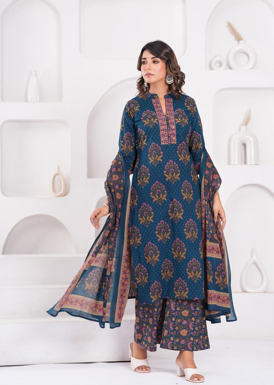 Aarvi Teal Kurti Pant Dupatta Set Suit