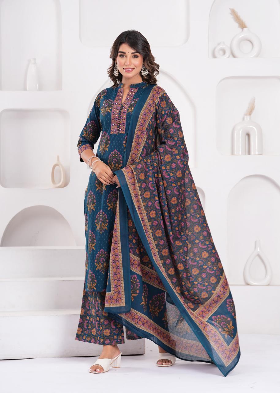Aarvi Teal Kurti Pant Dupatta Set Suit