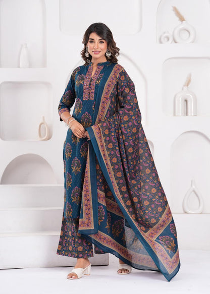 Aarvi Teal Kurti Pant Dupatta Set Suit