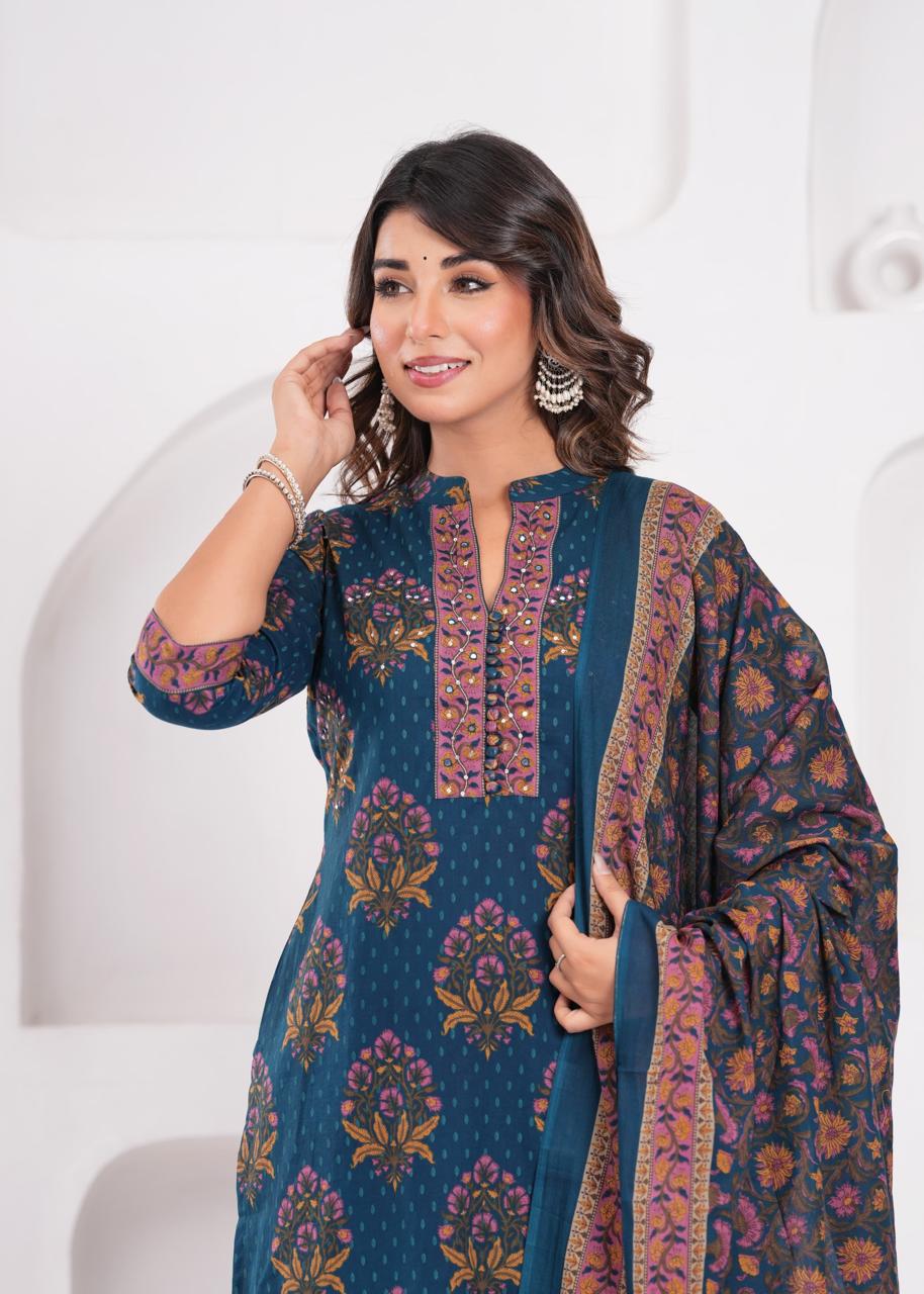 Aarvi Teal Kurti Pant Dupatta Set Suit