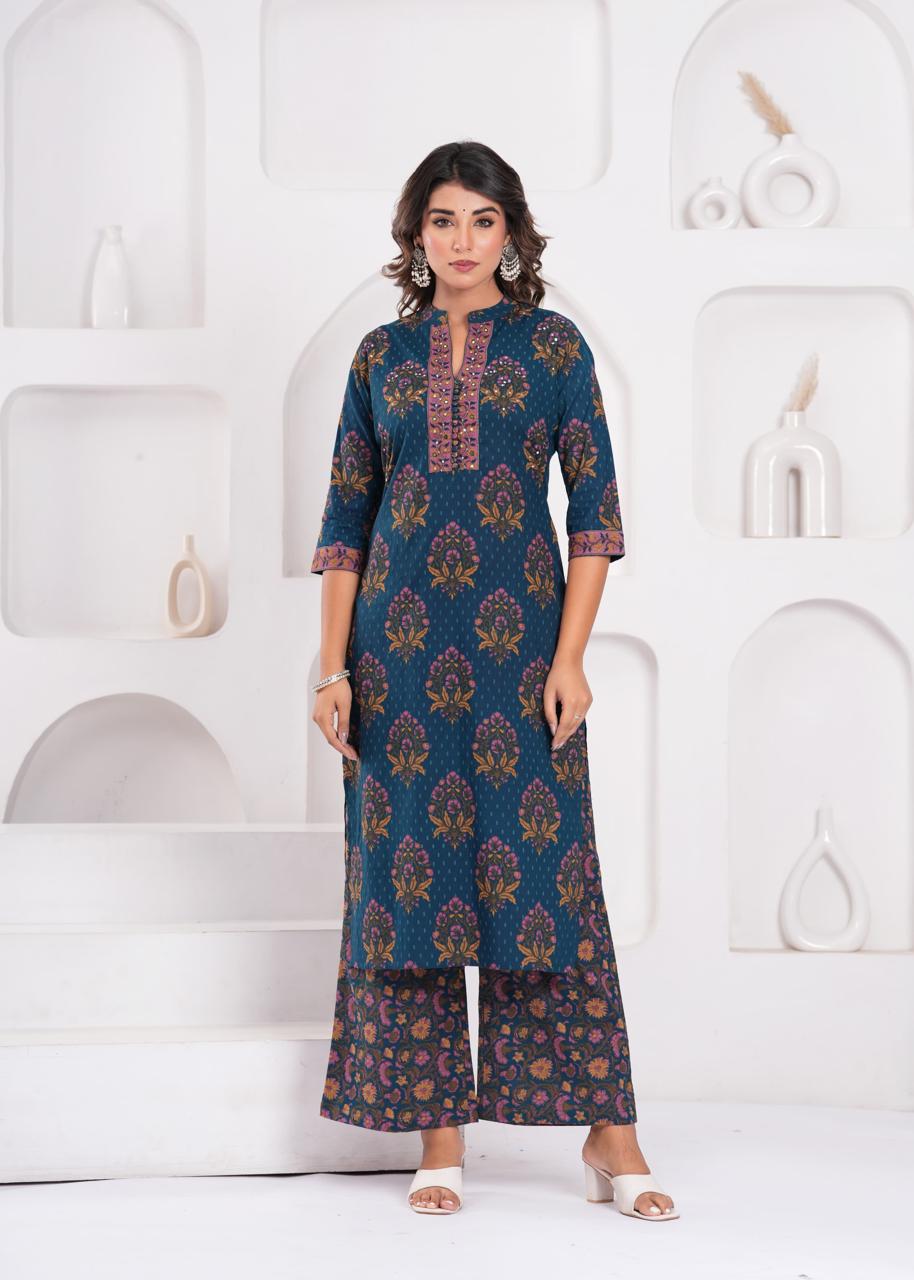 Aarvi Teal Kurti Pant Dupatta Set Suit