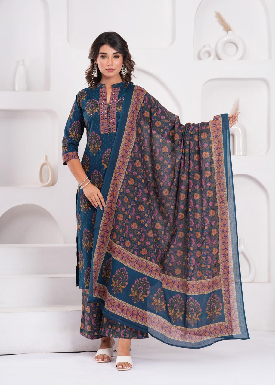 Aarvi Teal Kurti Pant Dupatta Set Suit