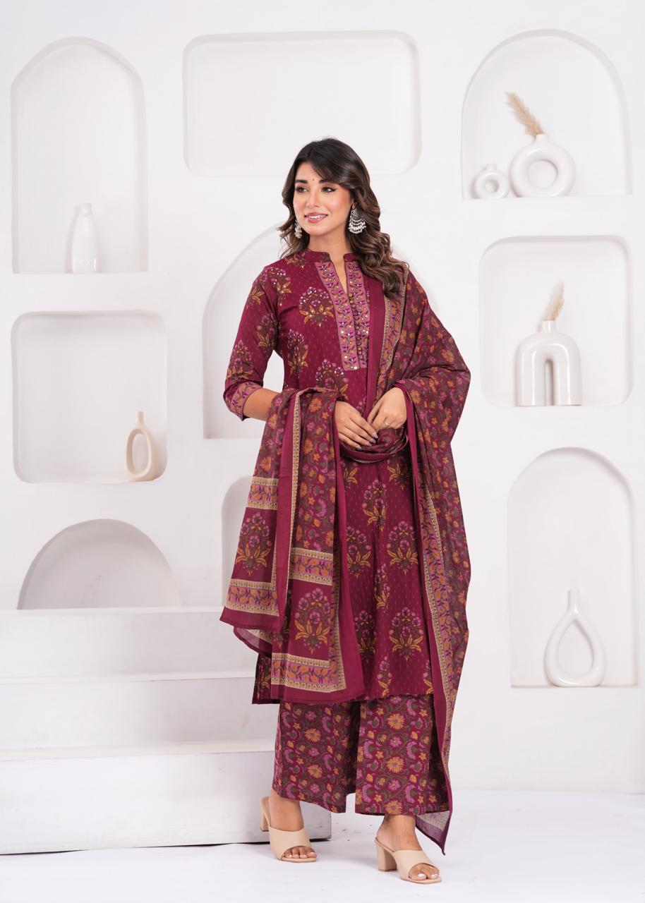 Aarvi Maroon Kurti Pant Dupatta Set Suit