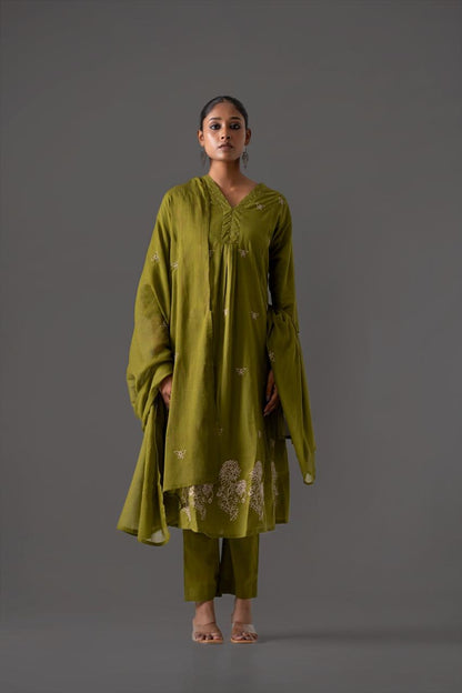 Mehreen Olive Embroidery A-Line Dupatta Set