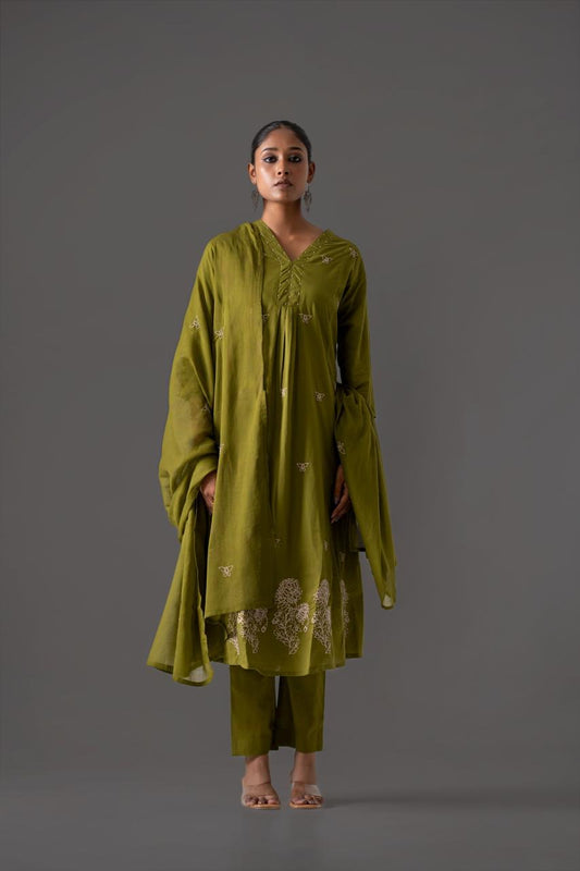 Mehreen Olive Embroidery A-Line Dupatta Set