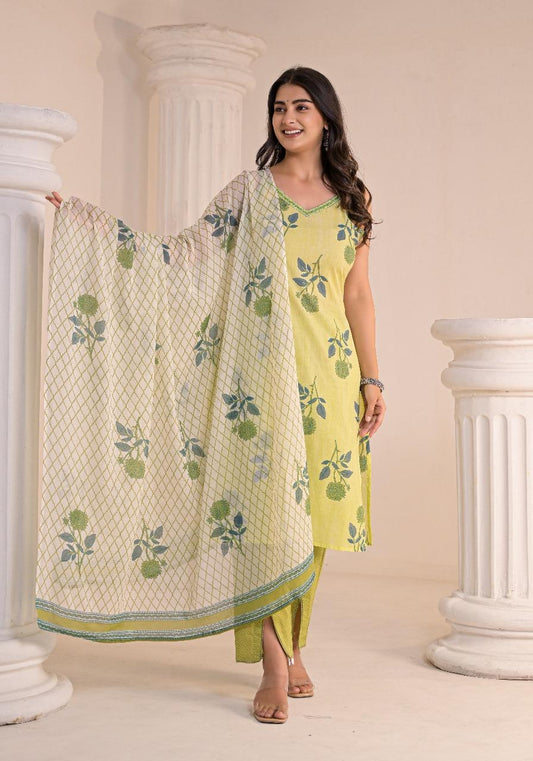 Pista Phoolgulab Kurti Pant Dupatta Suit Set