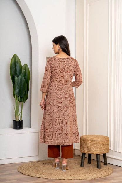 Rust Paisley Pure Jaipuri Cotton Kurti Pant Set