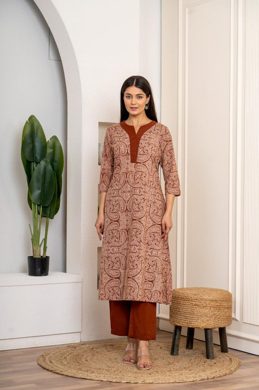 Rust Paisley Pure Jaipuri Cotton Kurti Pant Set