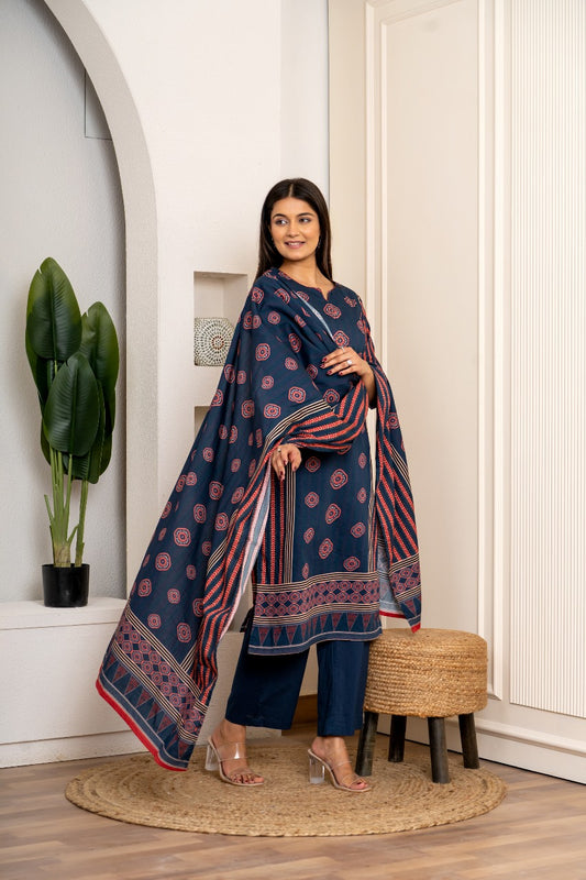 Jaipuri Cotton Kurti Pant Dupatta Set Suit