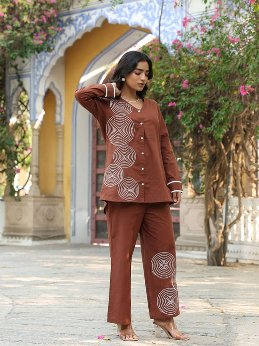 Spiral Charm Co-ord Set in Premium Cotton – Cocoa Brown