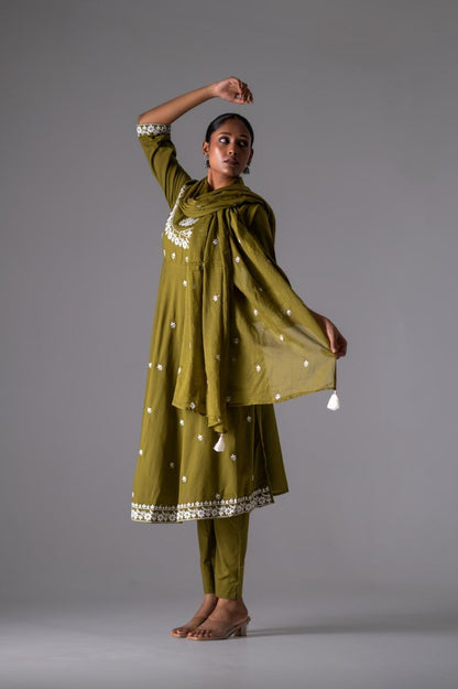 Zehra Olive Embroidered Pure Cotton Anarkali Set