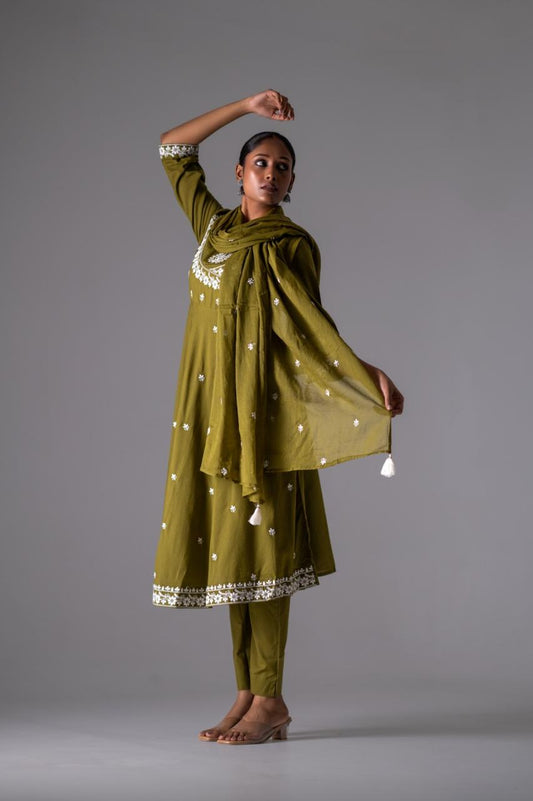 Zehra Olive Embroidered Pure Cotton Anarkali Set