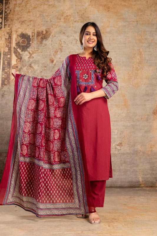 Ruhani Maroon Ajrakh Kurti Pant Dupatta Set Suit