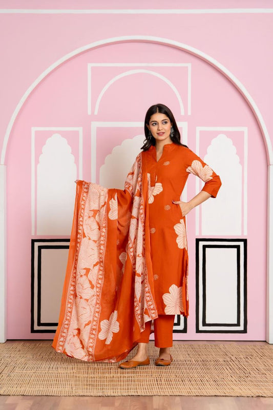 Gulnaar Rust Bloom Kurti Pant Dupatta Set Suit