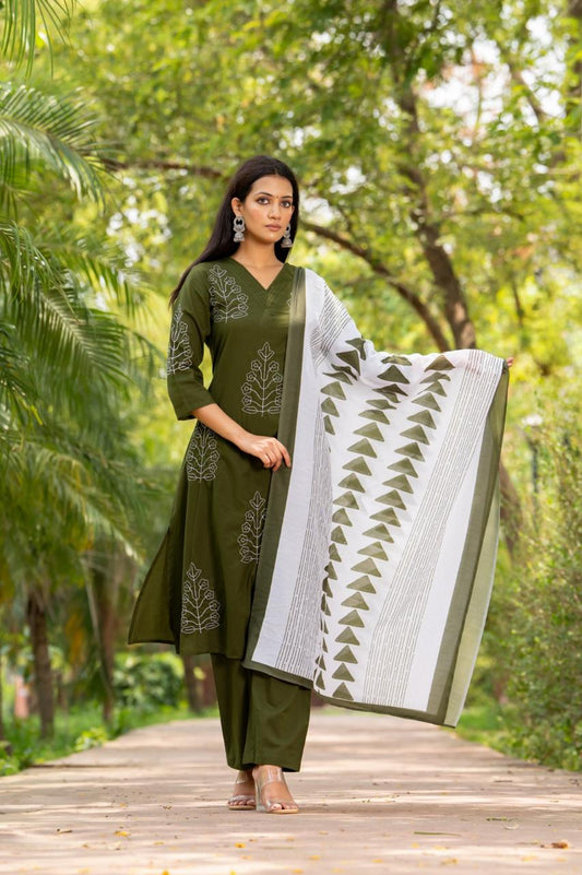 Olive Grove Kurti Pant Dupatta Set Suit