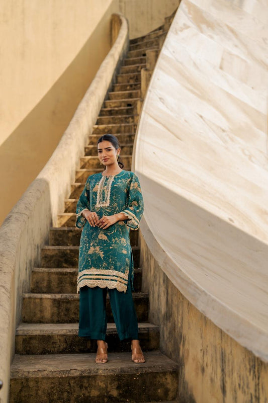 Ziya Teal Embroidered Co-ord Set