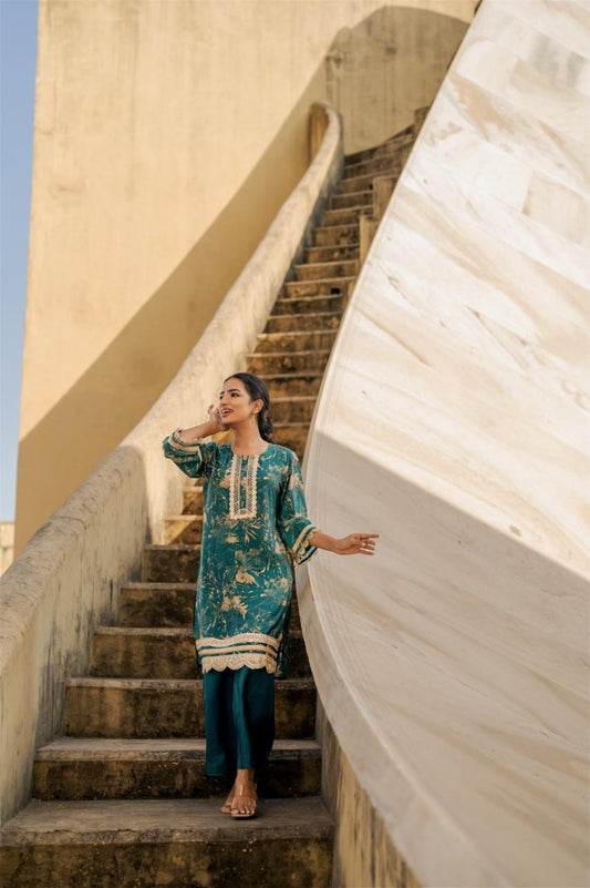 Ziya Teal Embroidered Co-ord Set