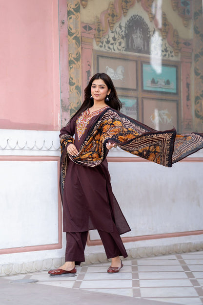 Zehra Mocha Kurti Pant Dupatta Set Suit