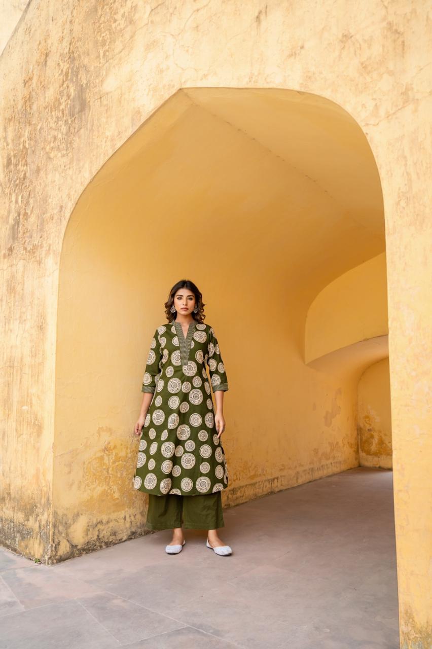 Gulbahar Olive Kurti Pant Set