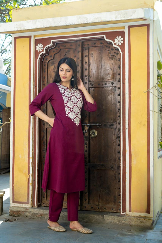 Chakri Chikan Embroidery Maroon Kurti Pant Set