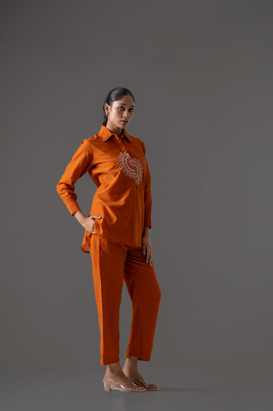 Rust Glow Mul Chanderi Co-ord Set