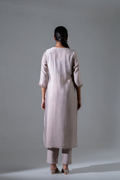 Amaira Cocoa Silk Suit with Appliqué Work & Mul Chanderi Dupatta