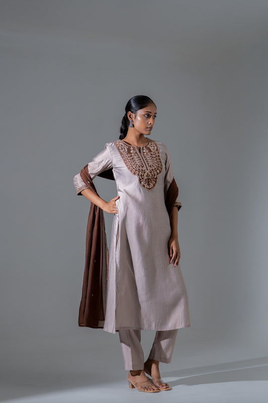 Amaira Cocoa Silk Suit with Appliqué Work & Mul Chanderi Dupatta