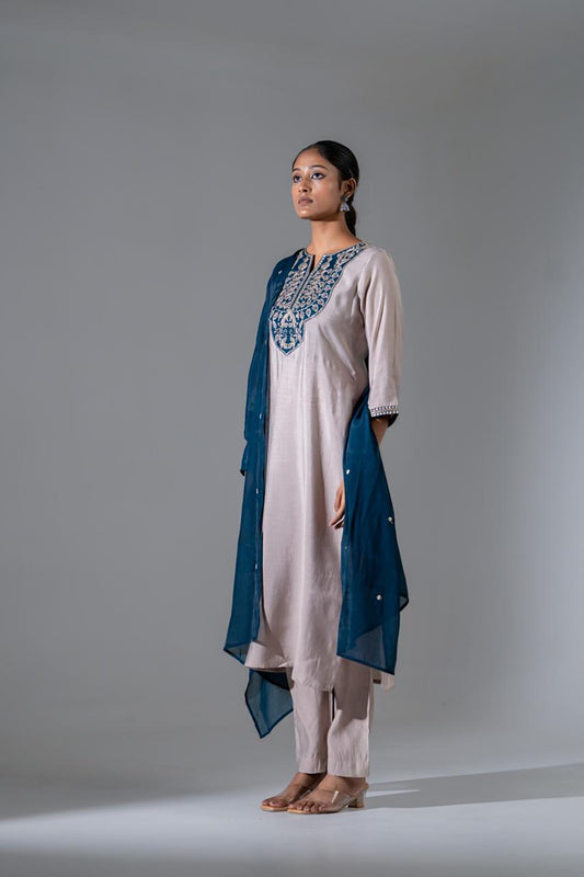 Amaira Azure Silk Suit with Appliqué Work & Mul Chanderi Dupatta